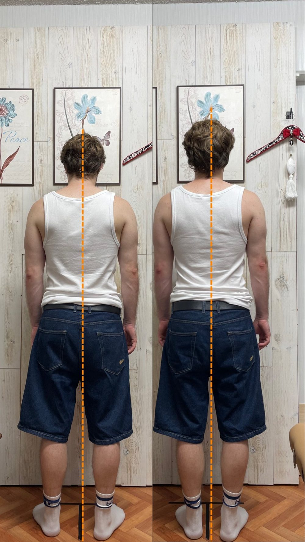 Back view of a man, photographed before (left) and after (right) a Yurutoto session.