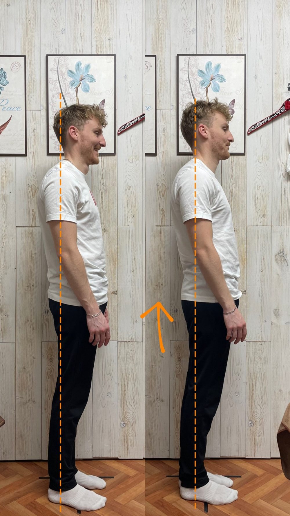 Side view of a man, photographed before (left) and after (right) a Yurutoto session.